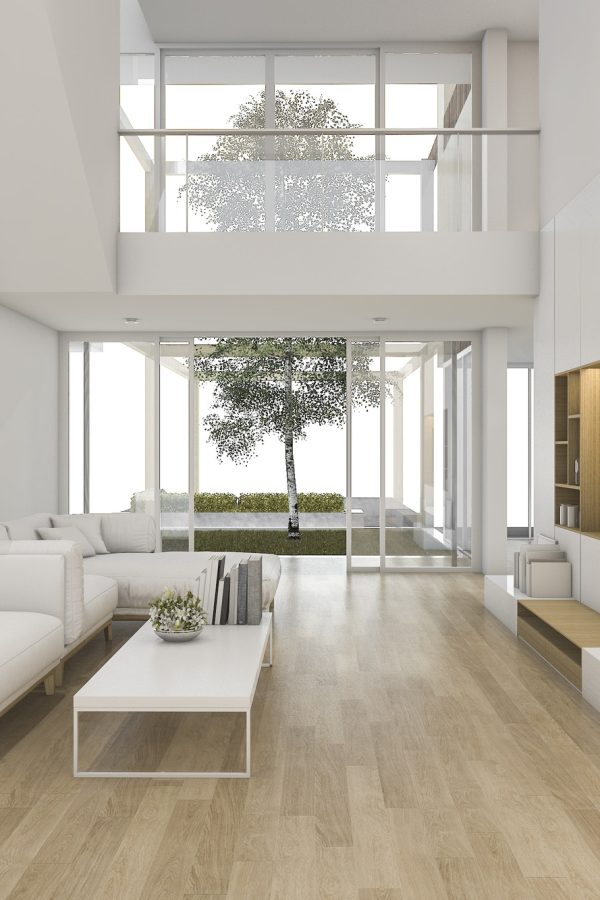 3d rendering white wood living room near stair and outdoor